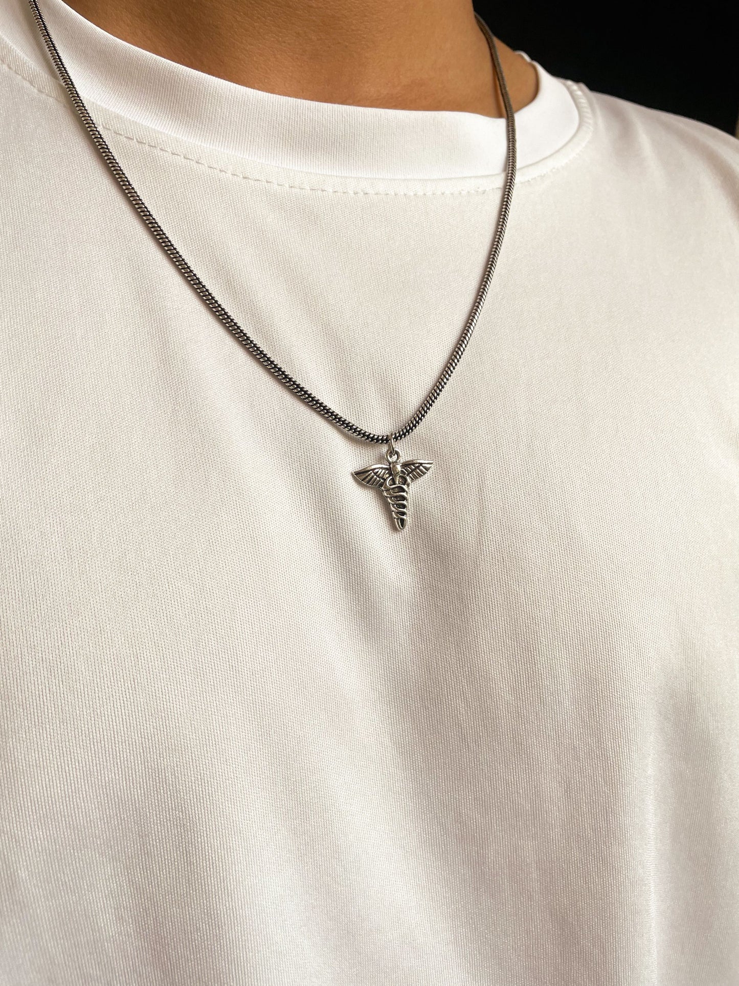 Caduceus Angel Pendant With German Silver Chain