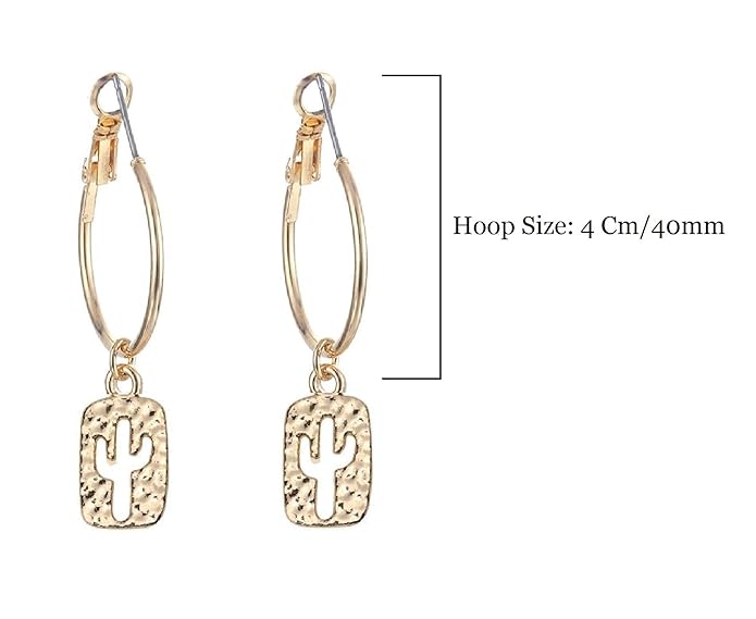 Hoops With Hammered Hollow Shaped Cactus Charms For Women, Girls, Gifting