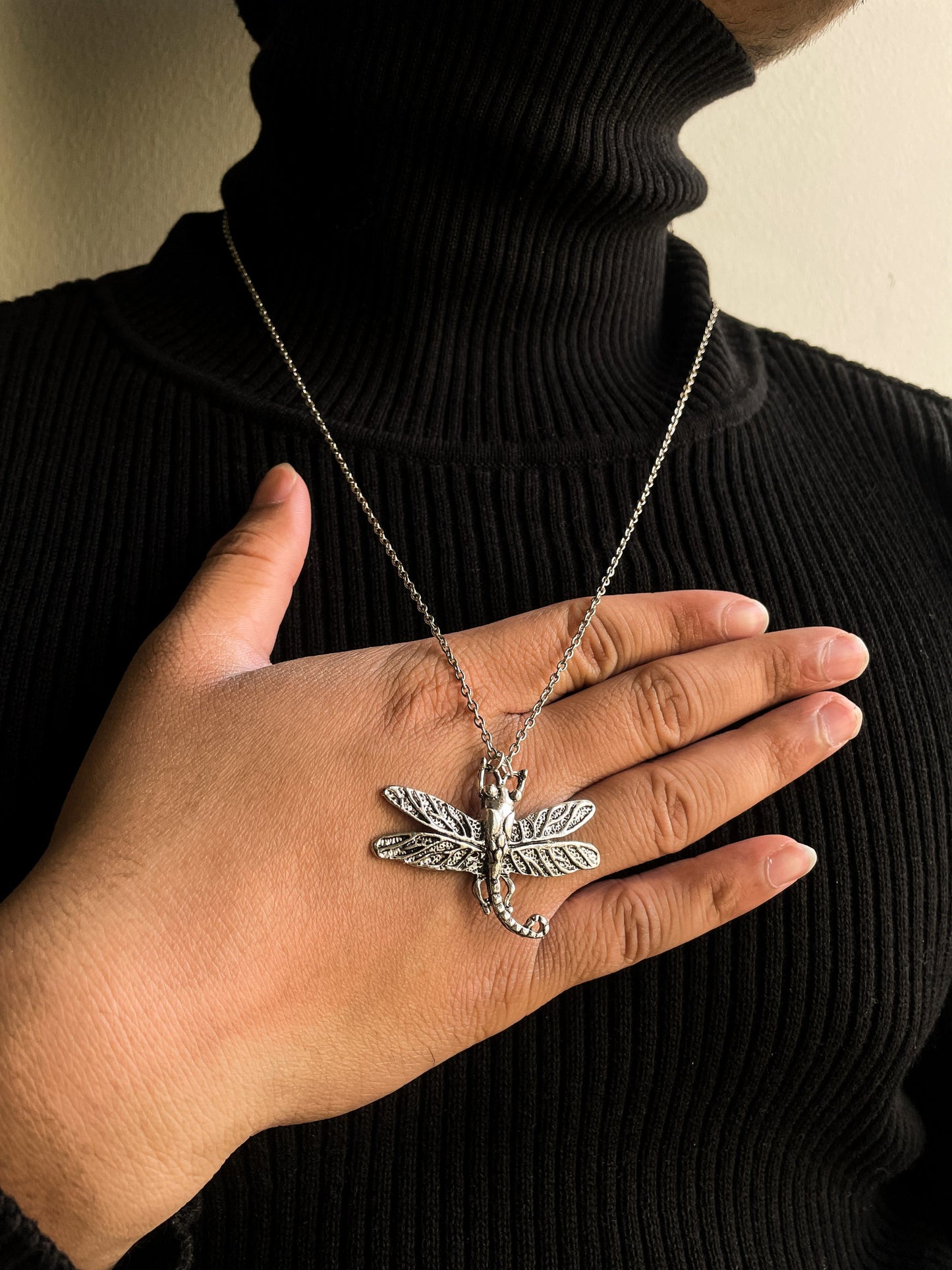 Big 3D Silver Dragonfly Statement Pendant With Chain
