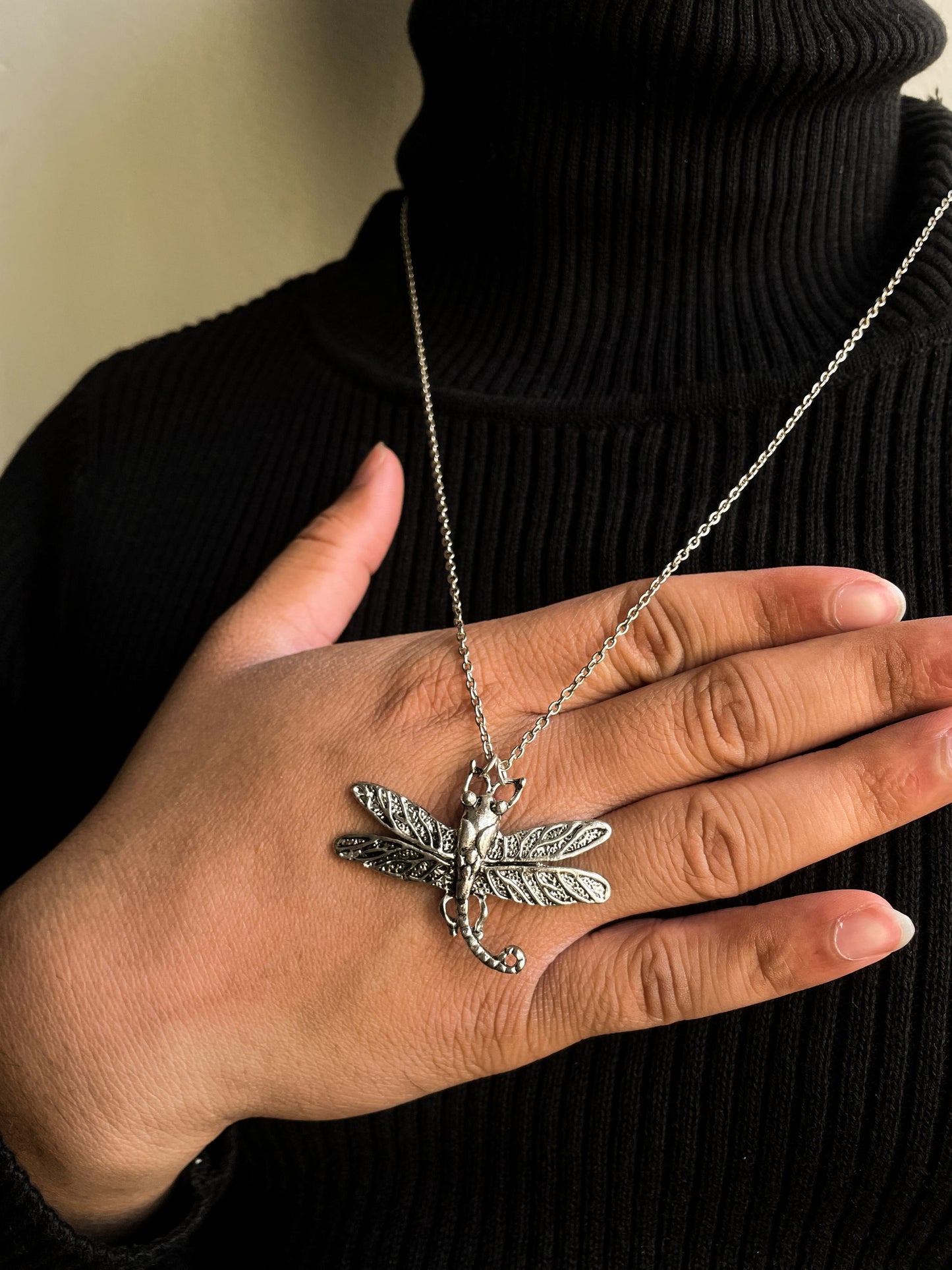Big 3D Silver Dragonfly Statement Pendant With Chain