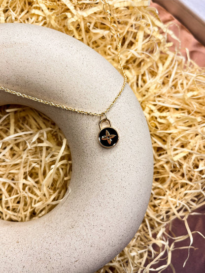 Locked Petal Enamel Golden Necklace & Earrings: Black