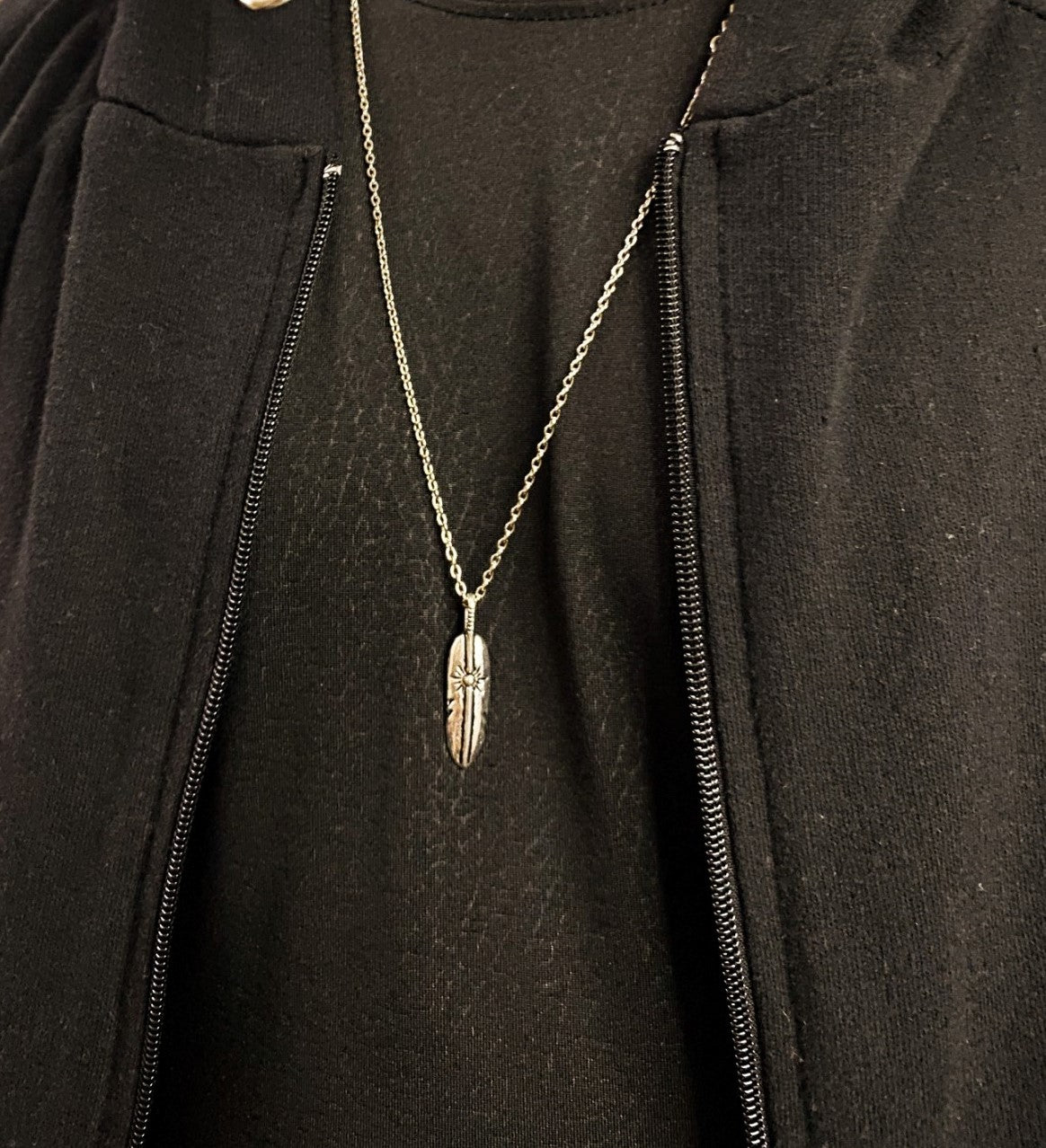 Silver Carved Feather Goth Pendant With Chain