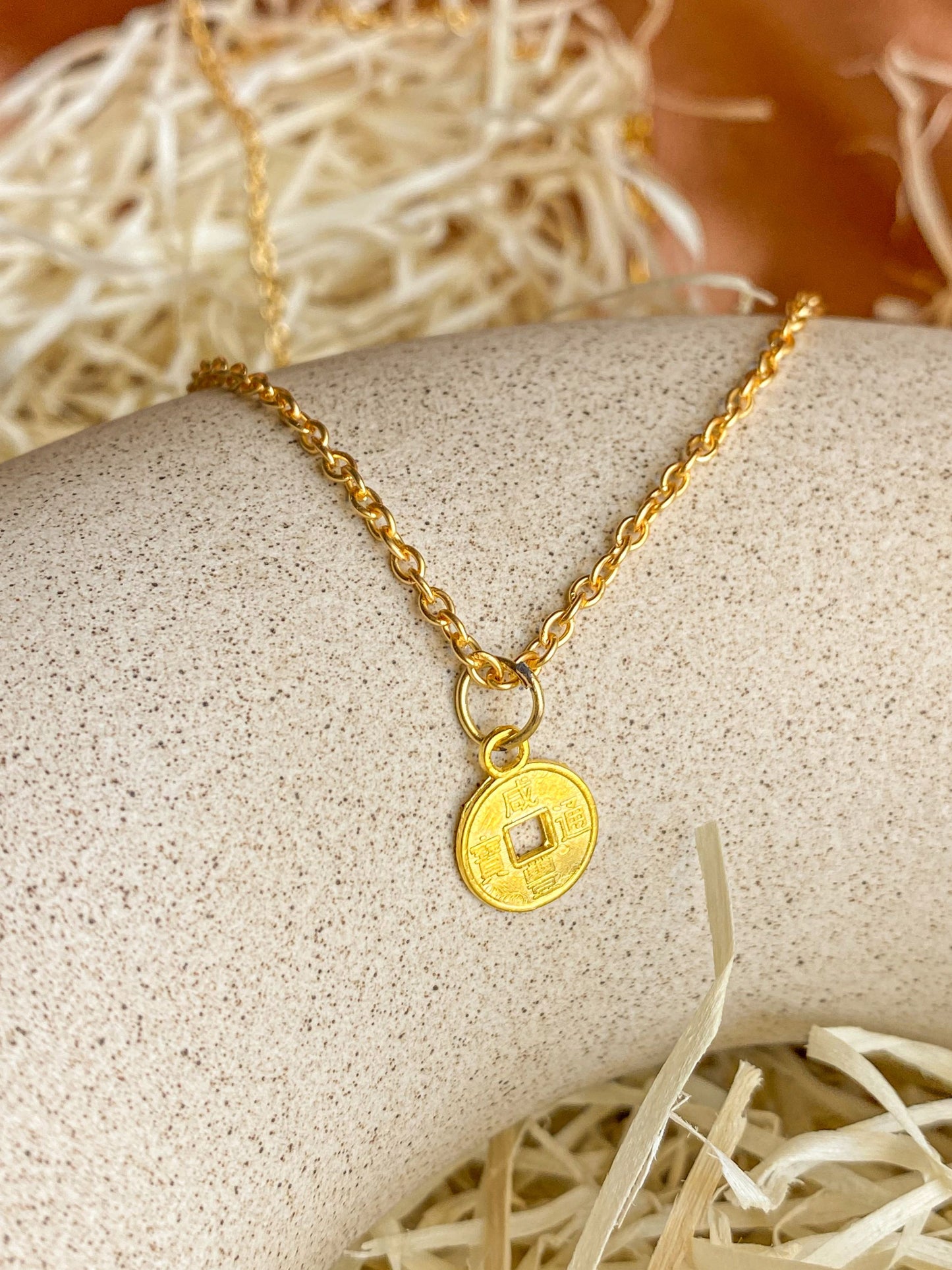 Dainty Golden Chinese Coin Necklace For Good Luck