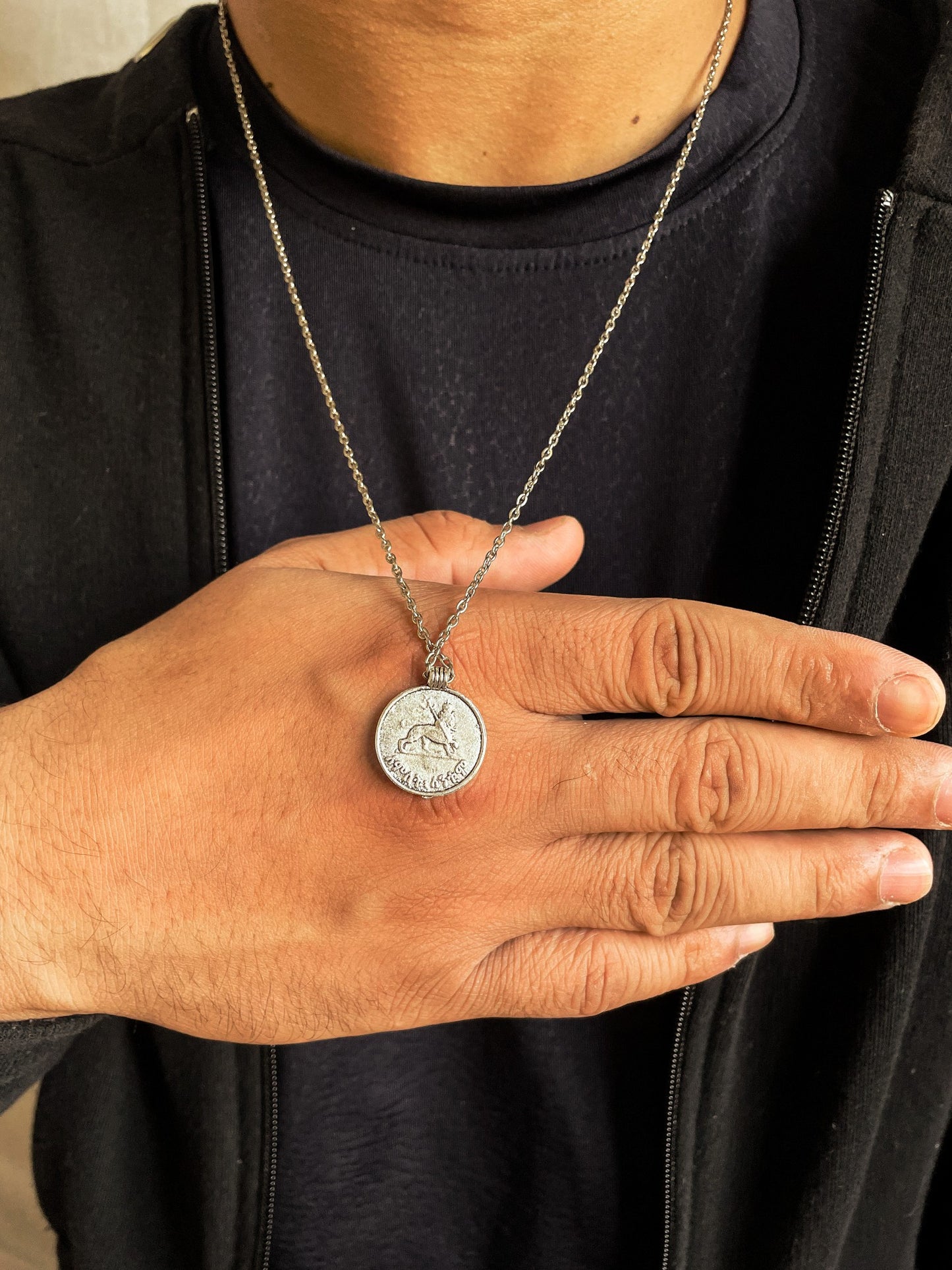 Man Face Silver Coin Pendant With Chain
