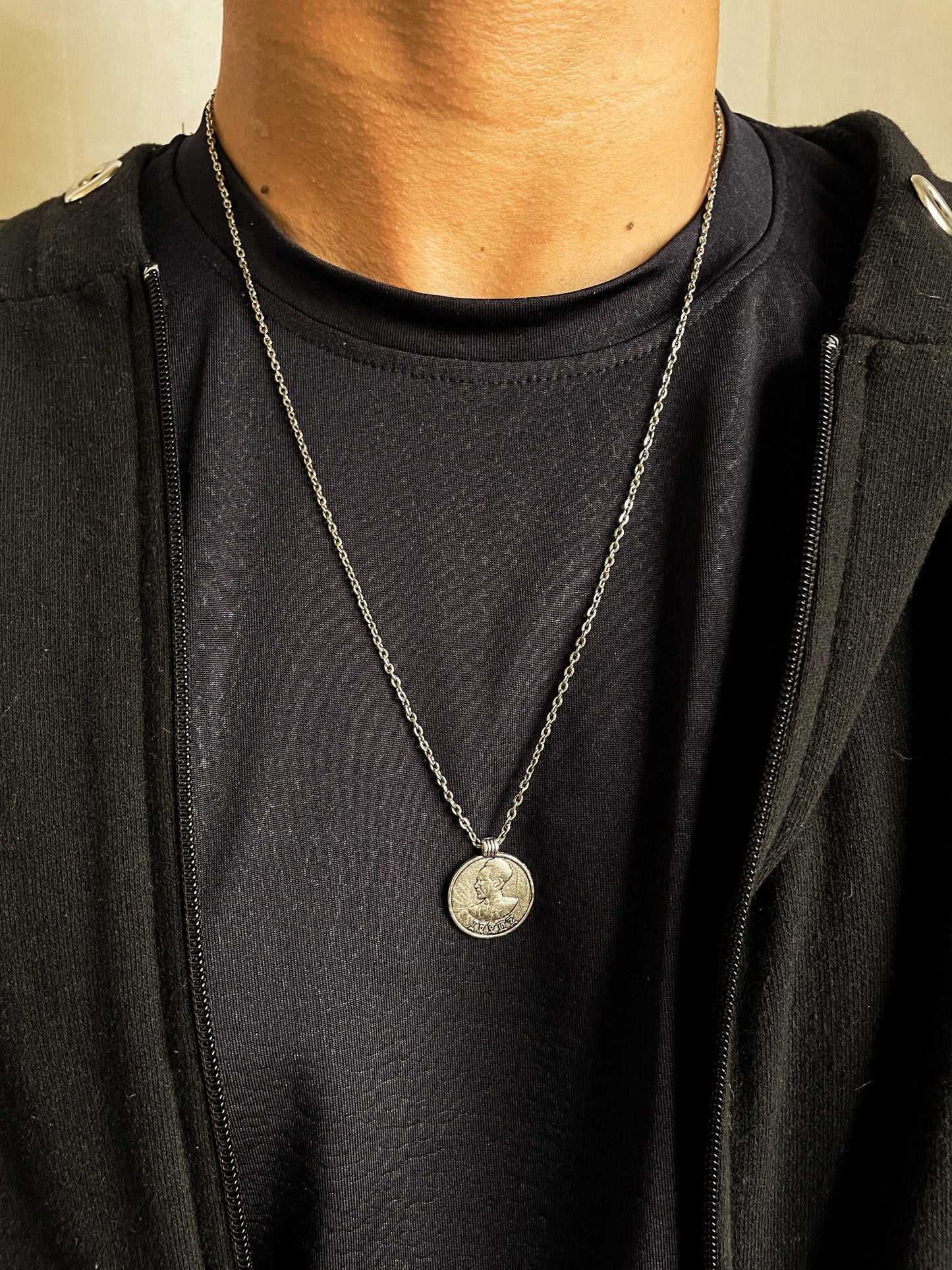 Man Face Silver Coin Pendant With Chain