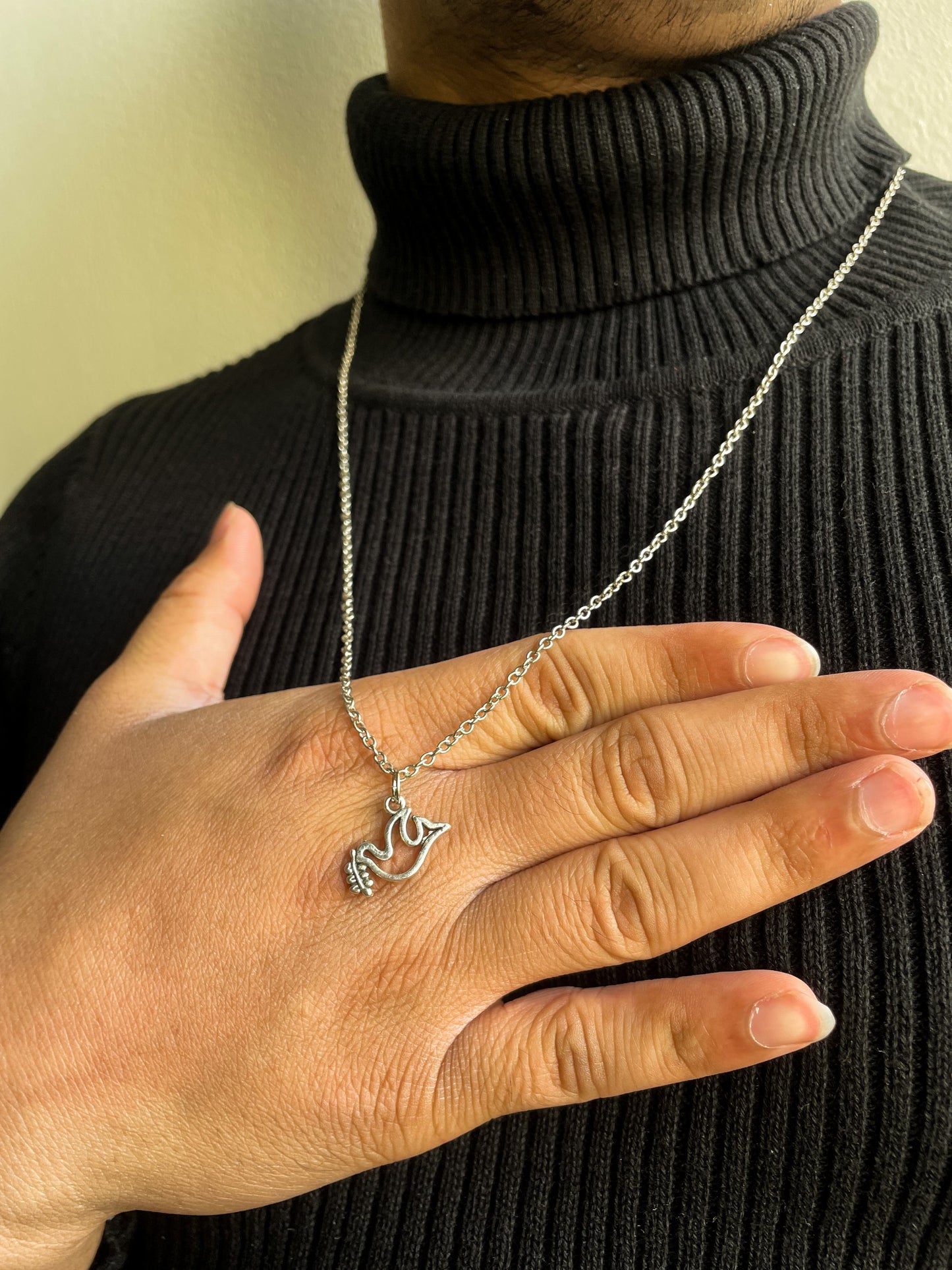 Dove Holding Olive Branch Silver Pendant With Chain