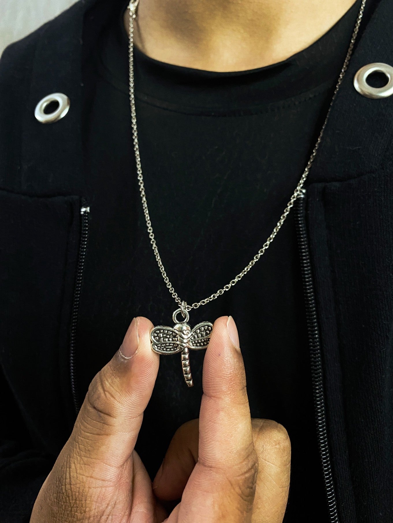 Silver Oxidised Dragonfly Goth Pendant With Chain