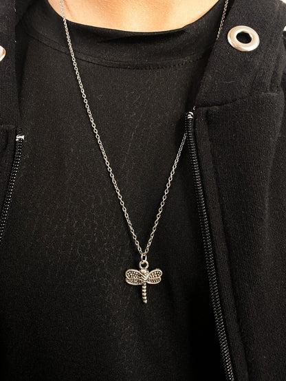 Silver Oxidised Dragonfly Goth Pendant With Chain