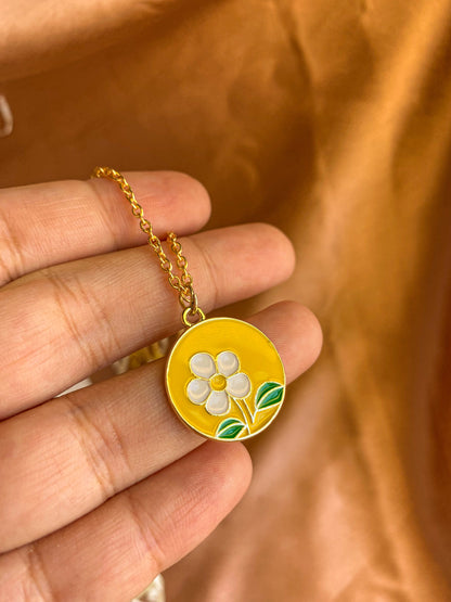 Yellow Flower Enamel Coin Necklace