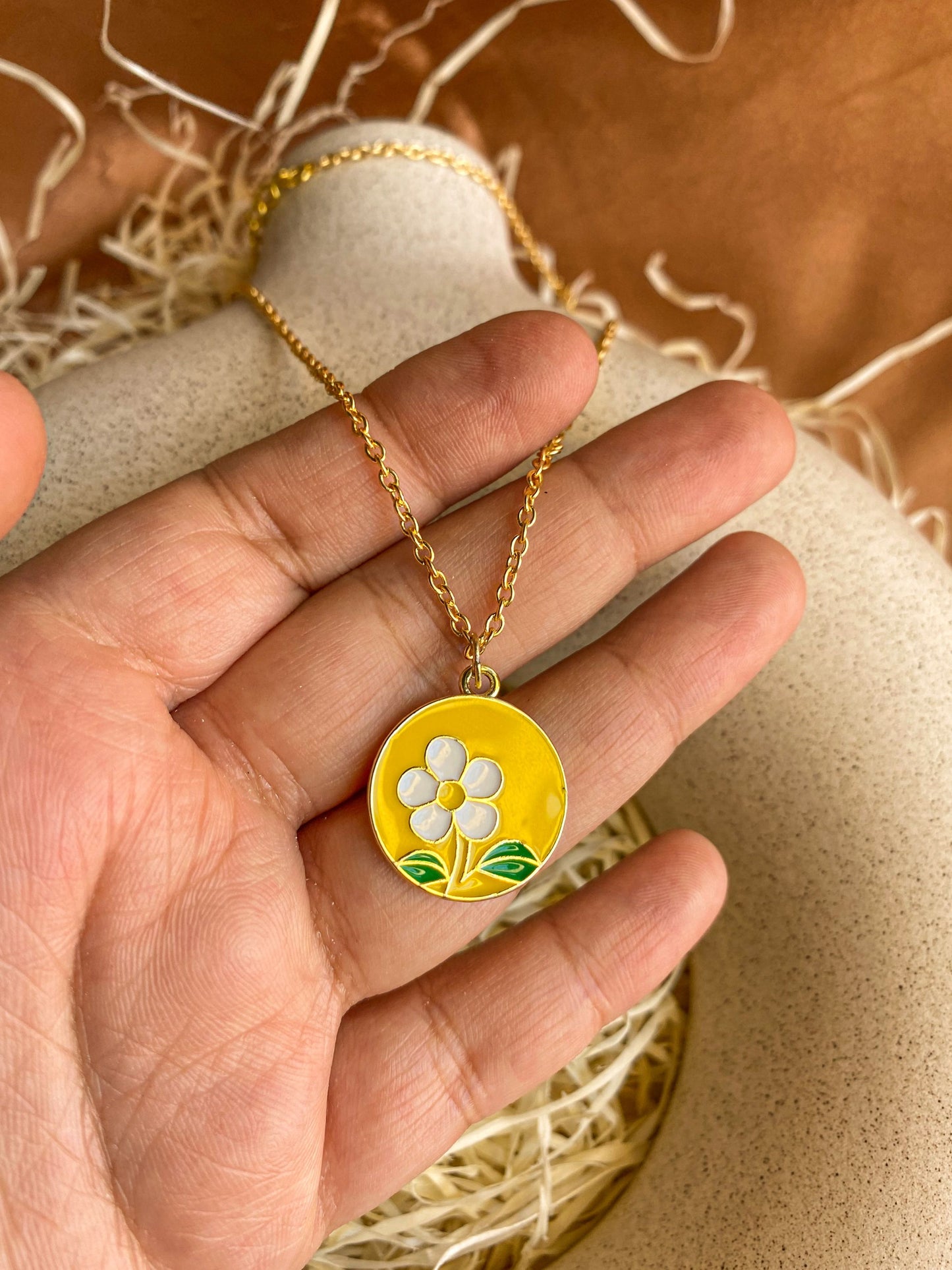Yellow Flower Enamel Coin Necklace