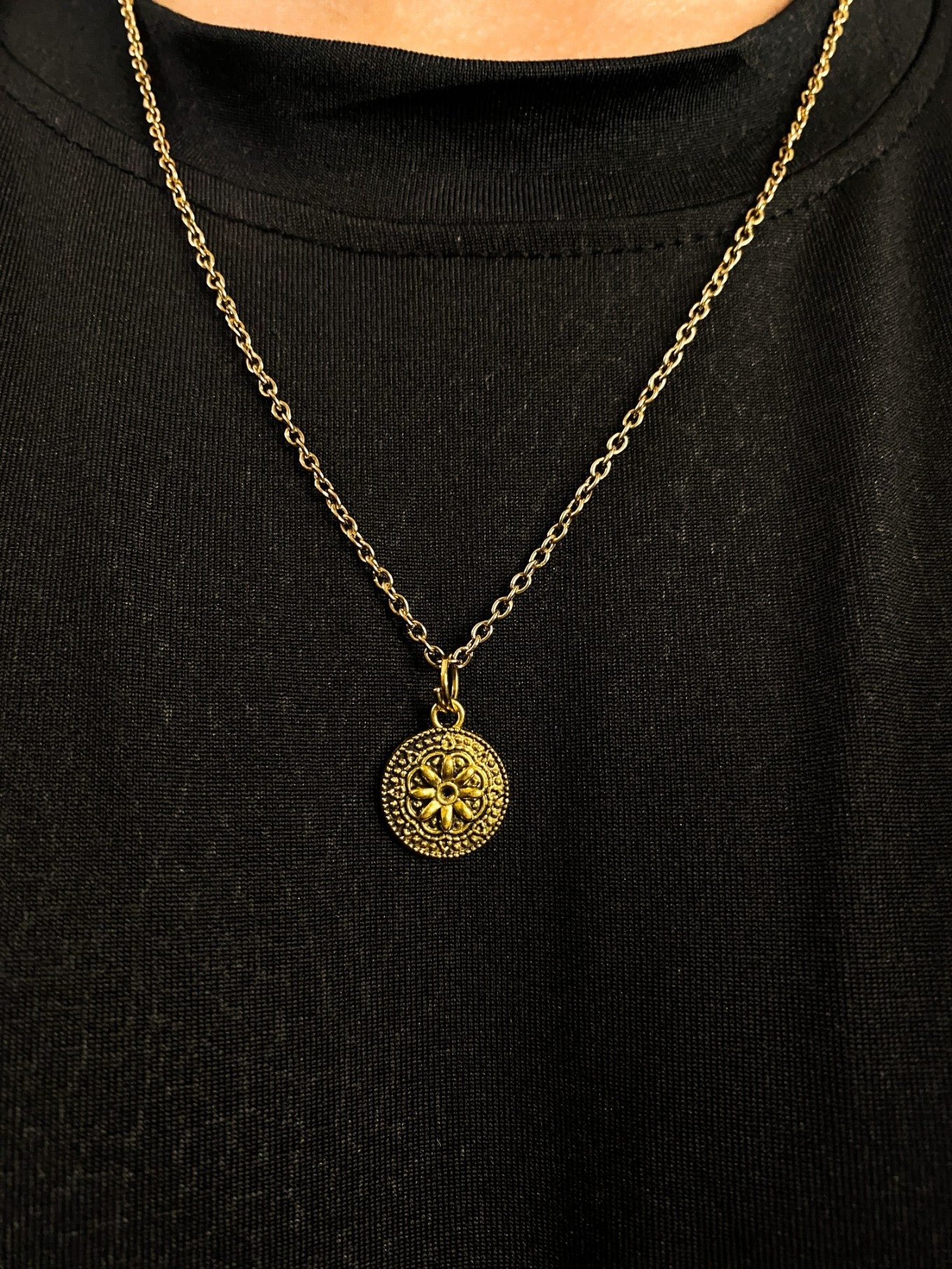 Golden 3D Flower Coin Pendant With Chain
