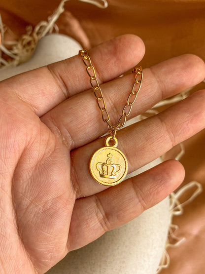 Light Golden Crown Coin Charm Necklace