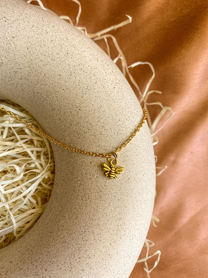 Dainty Antique Golden Bee Charm Necklace
