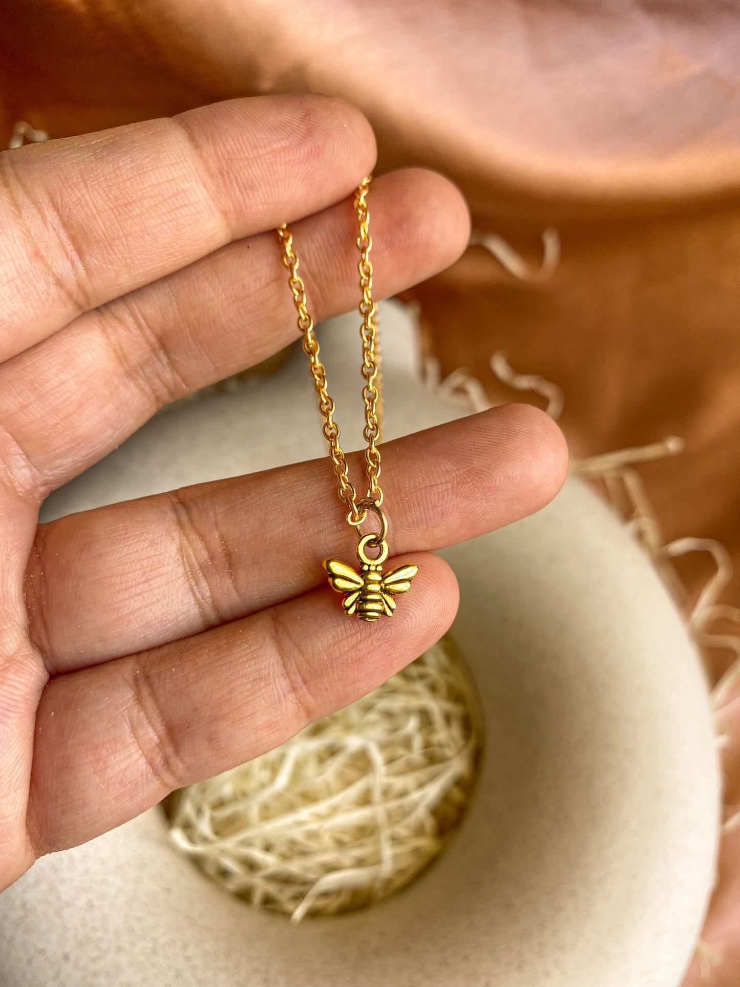 Dainty Antique Golden Bee Charm Necklace