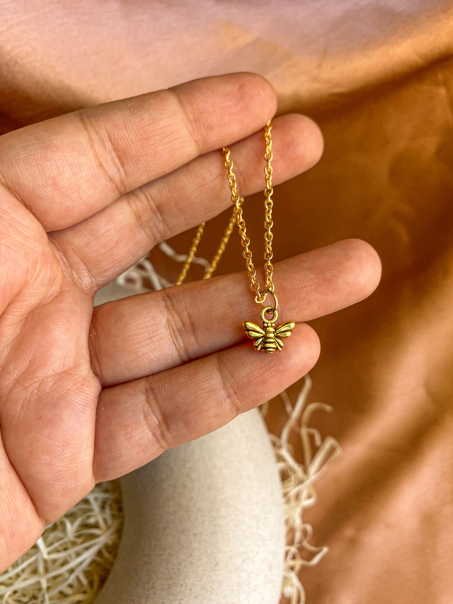 Dainty Antique Golden Bee Charm Necklace