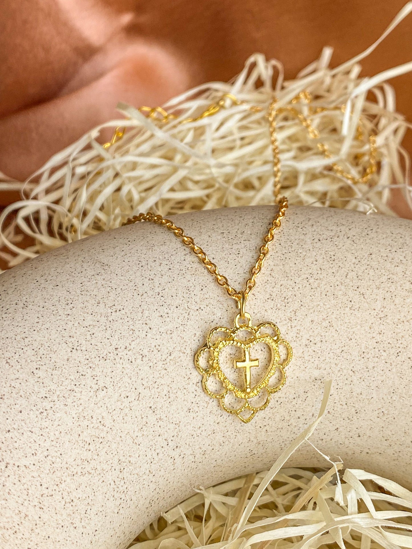 Heart Cross Lace Light Golden Necklace