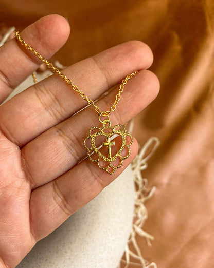 Heart Cross Lace Light Golden Necklace