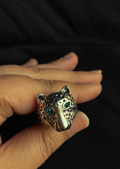 Leopard Face Blue Eyes Silver Waterproof Ring