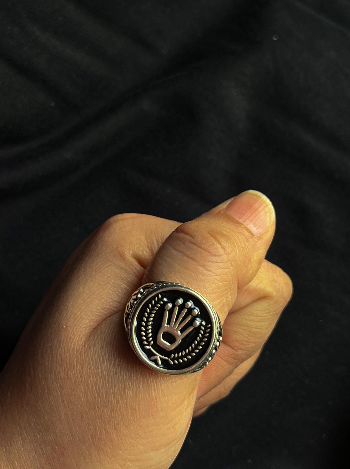 Hamsa Hand Silver Oxidised Waterproof Ring