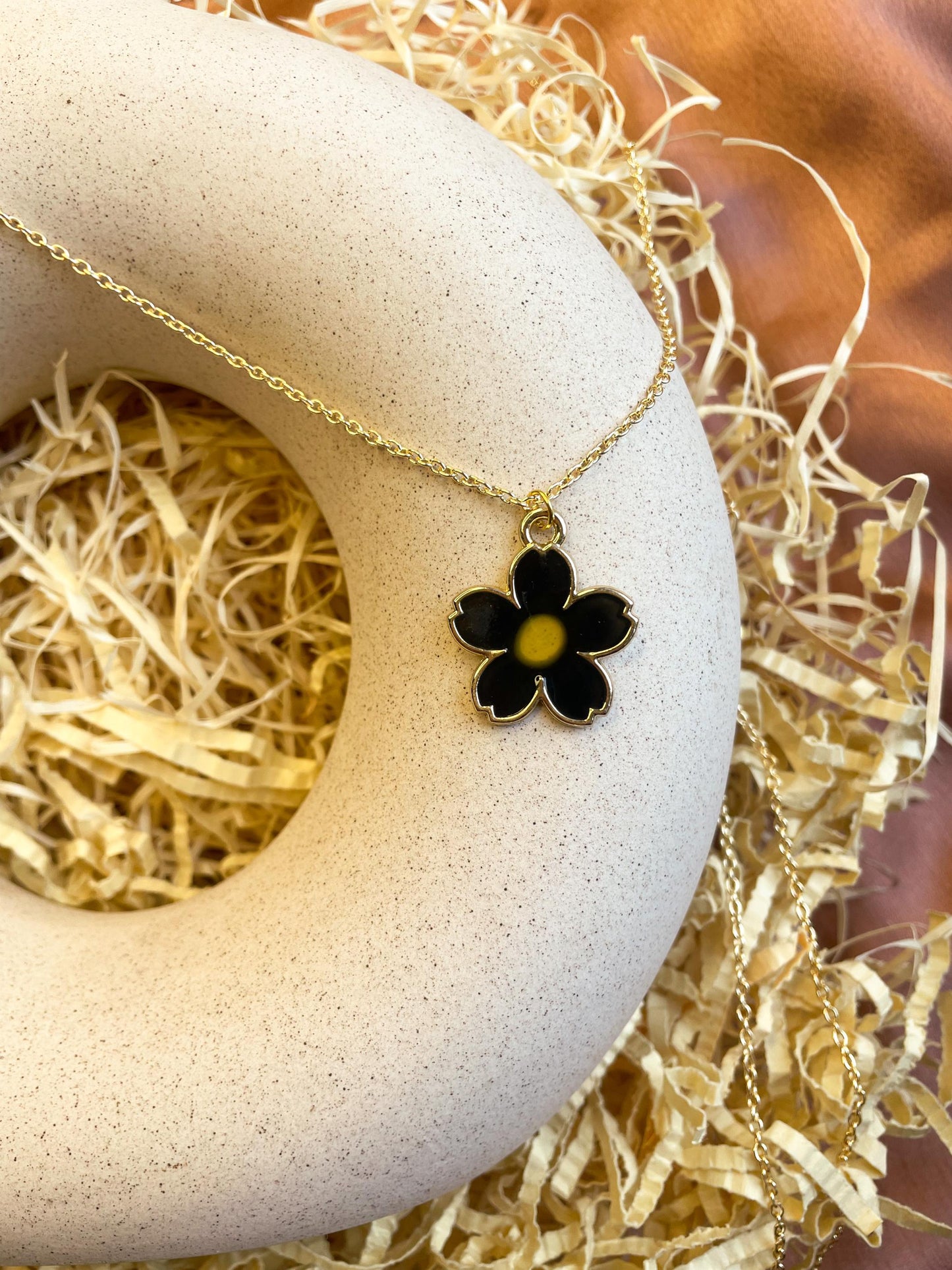 Glossy Flower Enamel Golden Necklace: Black