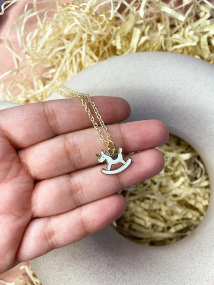 Enamel White Horse Ride Charm Golden Necklace