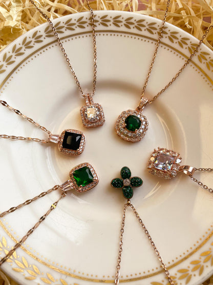 Victorian Emerald Round Square Gem Rose Gold Necklace: Black