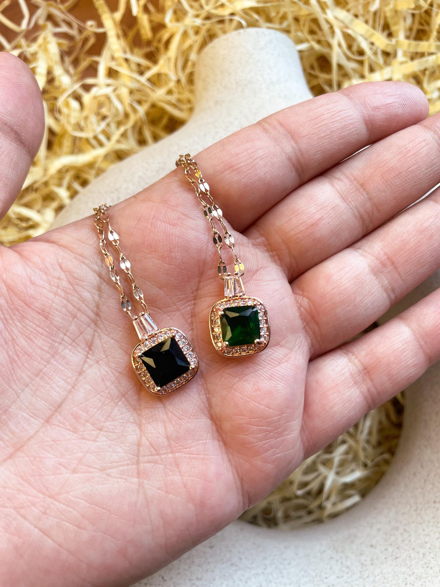 Victorian Emerald Round Square Gem Rose Gold Necklace: Black