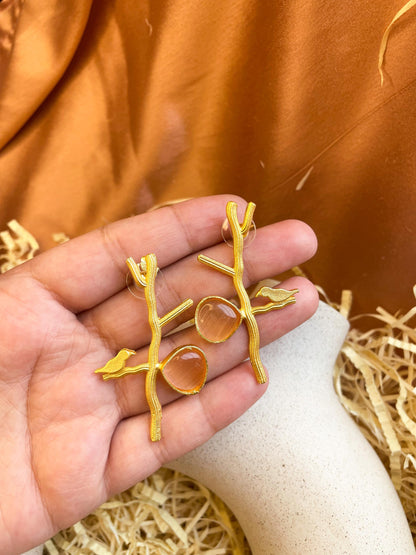 Tree Branch Matte Gold Brass Earrings: Peach