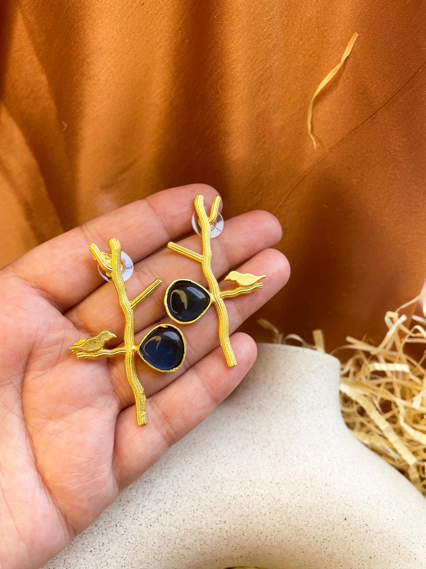 Tree Branch Matte Gold Brass Earrings: Blue