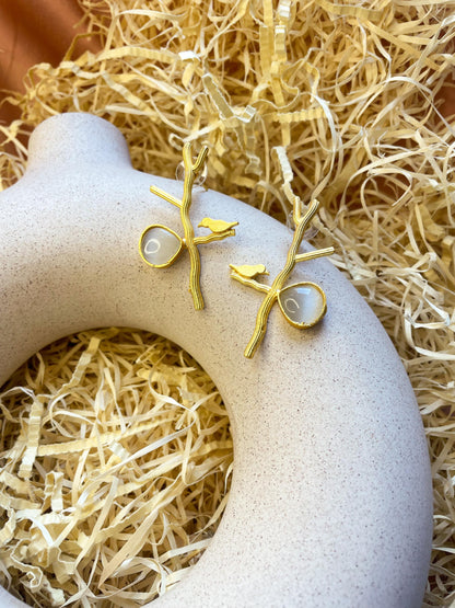 Tree Branch Matte Gold Brass Earrings: White
