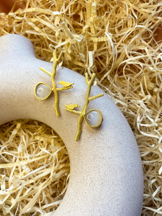 Tree Branch Matte Gold Brass Earrings: White