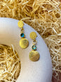 Gemstone Coin Dangler Matte Gold Earrings: Aqua Blue