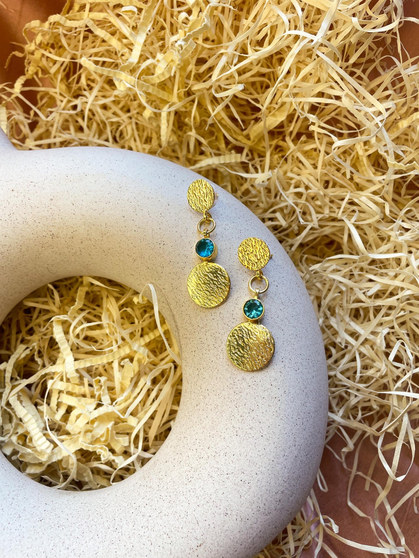 Gemstone Coin Dangler Matte Gold Earrings: Aqua Blue