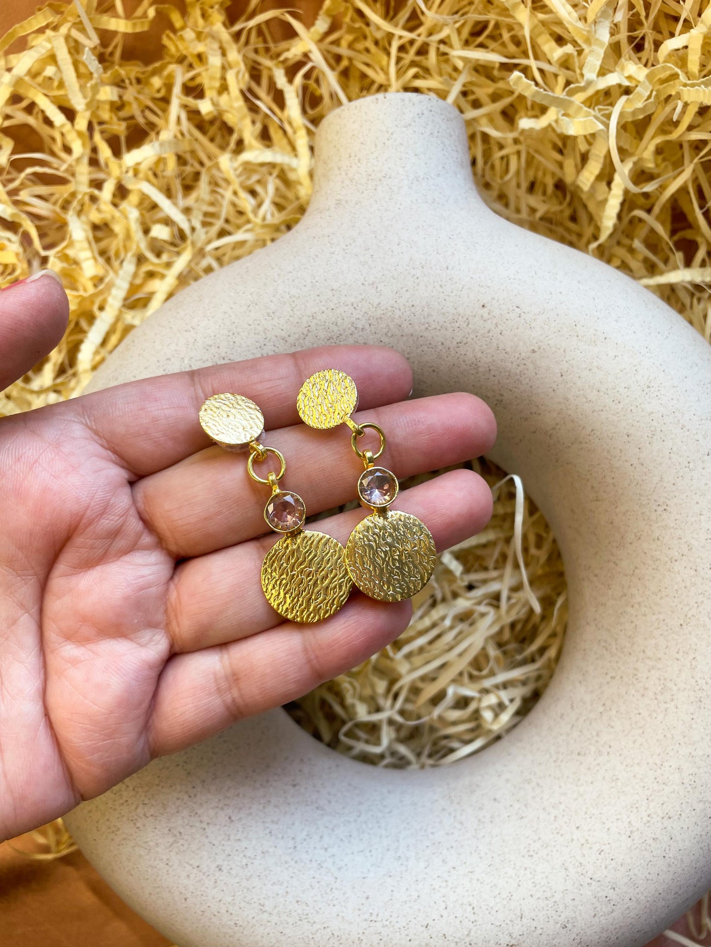 Gemstone Coin Dangler Matte Gold Earrings: Peach