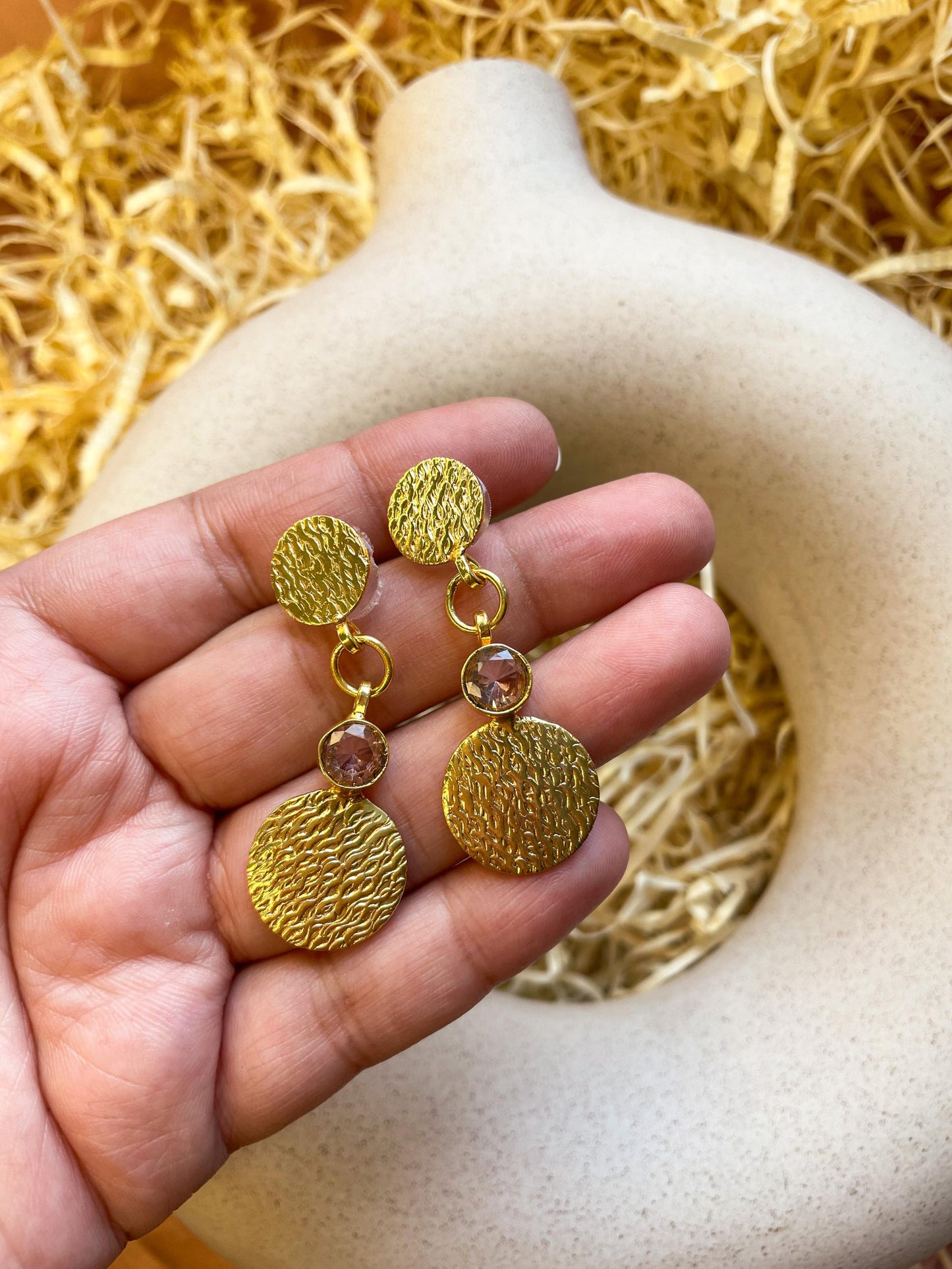 Gemstone Coin Dangler Matte Gold Earrings: Peach