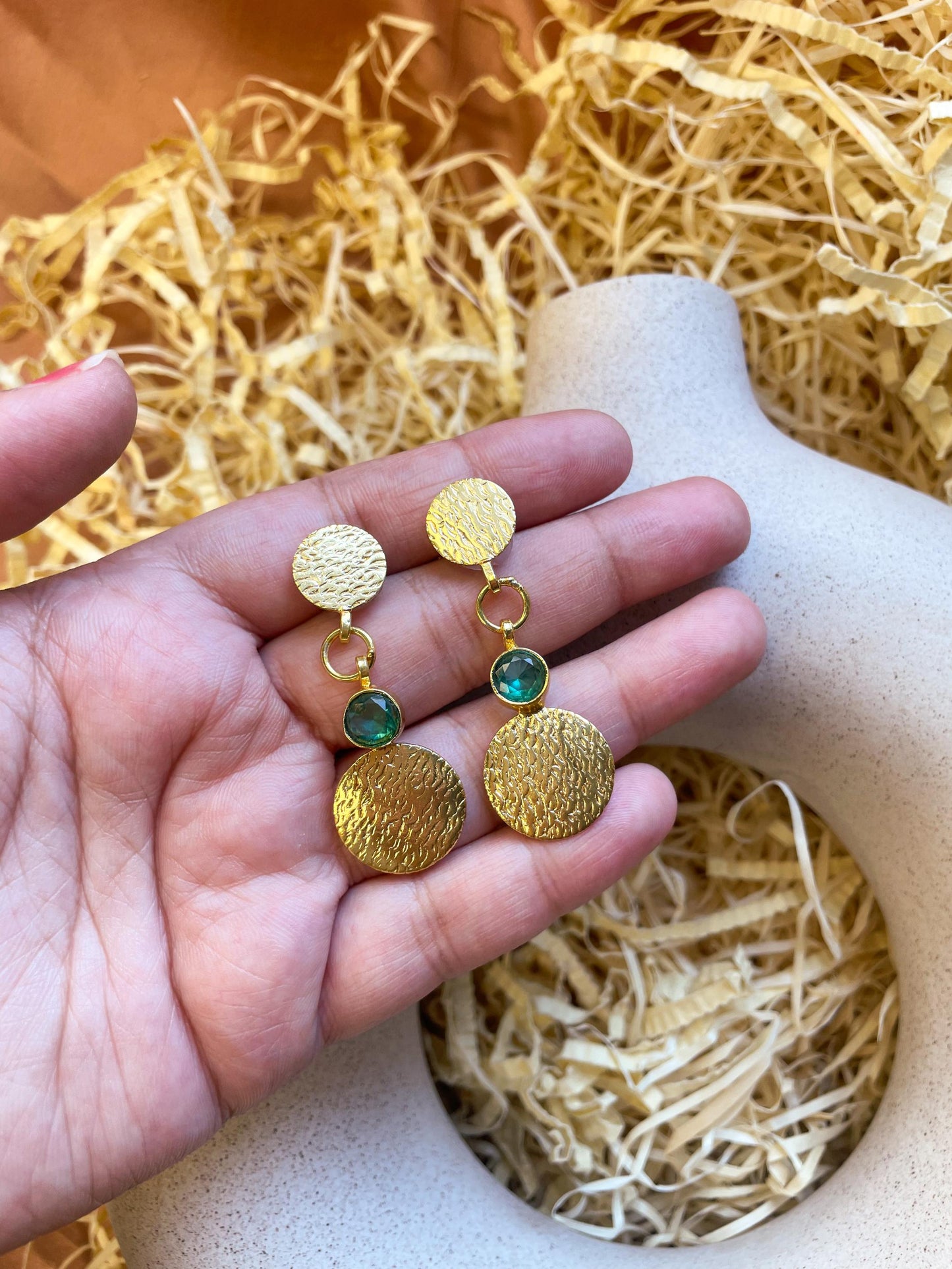 Gemstone Coin Dangler Matte Gold Earrings: Turquoise Green