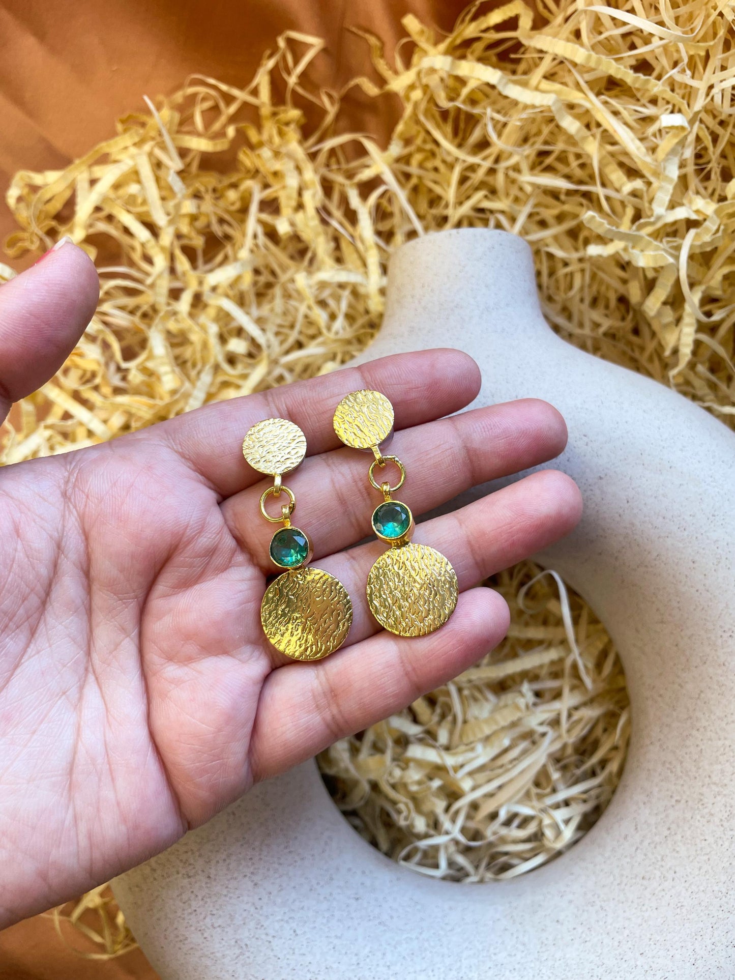 Gemstone Coin Dangler Matte Gold Earrings: Turquoise Green