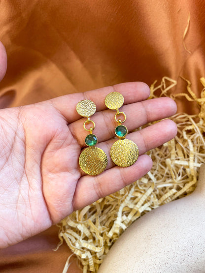 Gemstone Coin Dangler Matte Gold Earrings: Turquoise Green