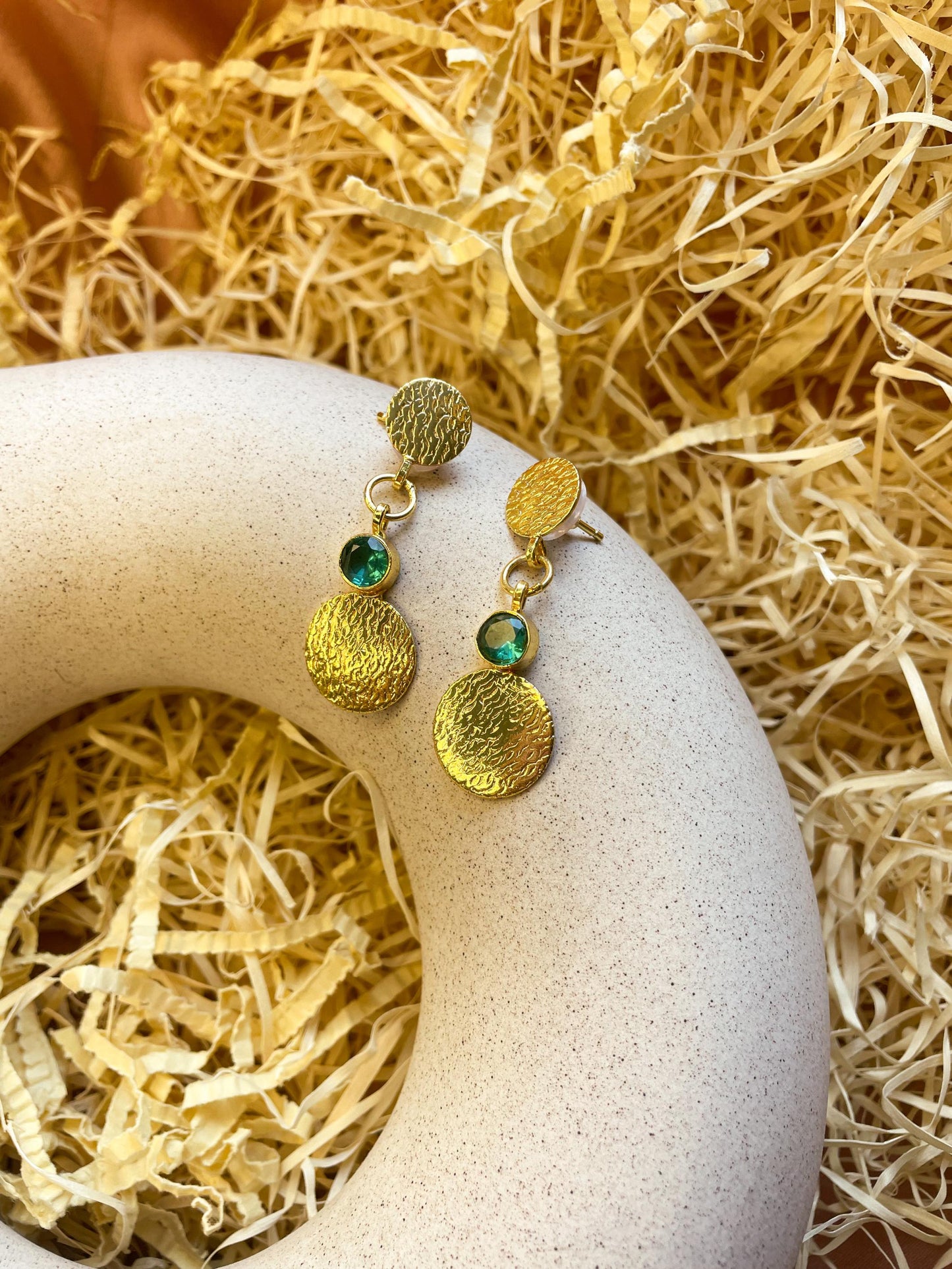 Gemstone Coin Dangler Matte Gold Earrings: Turquoise Green
