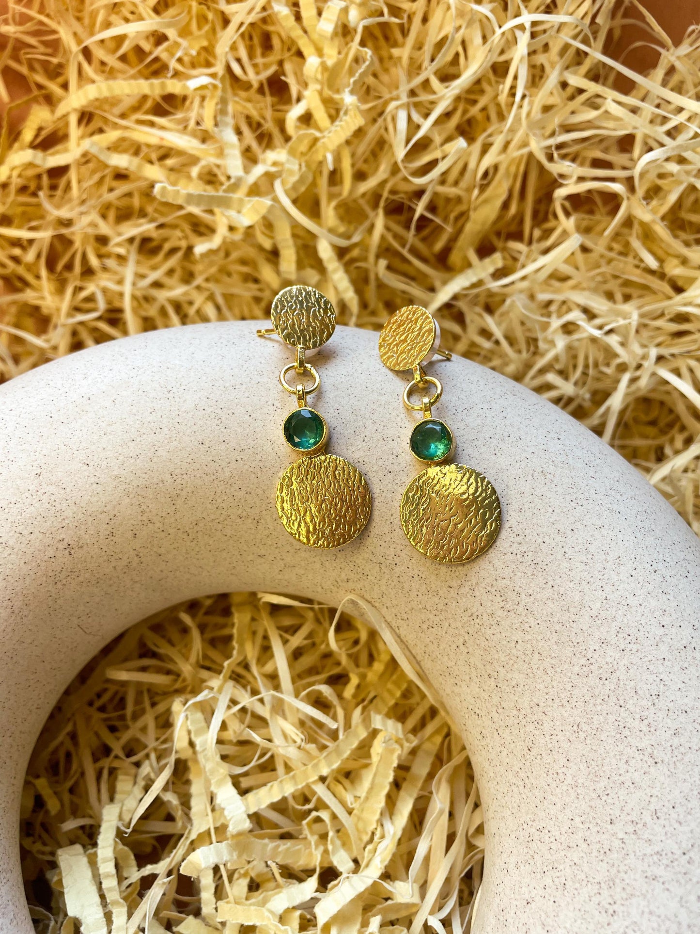 Gemstone Coin Dangler Matte Gold Earrings: Turquoise Green