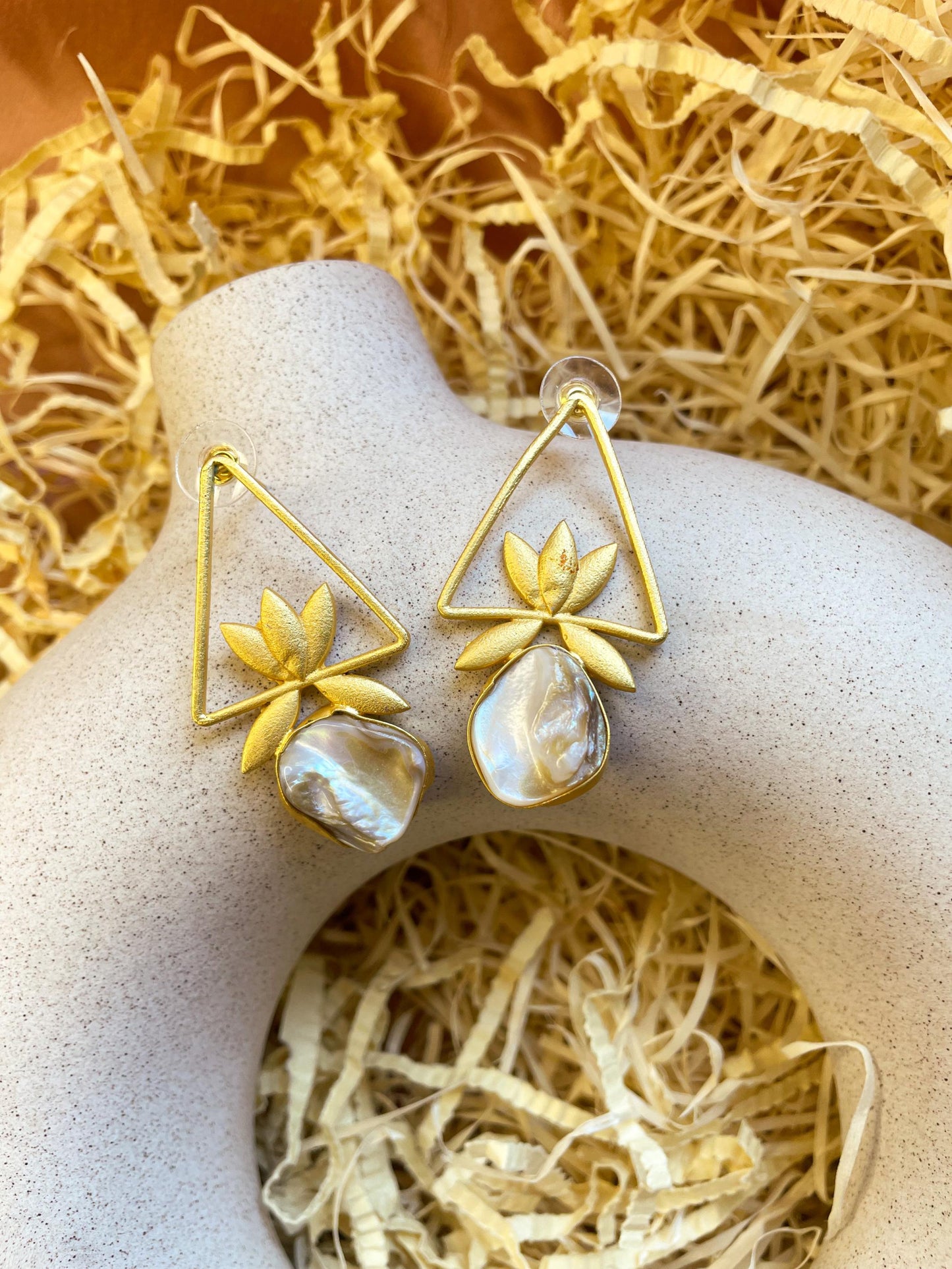 Lotus Mother of Pearl Matte Gold Brass Earrings