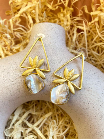 Lotus Mother of Pearl Matte Gold Brass Earrings
