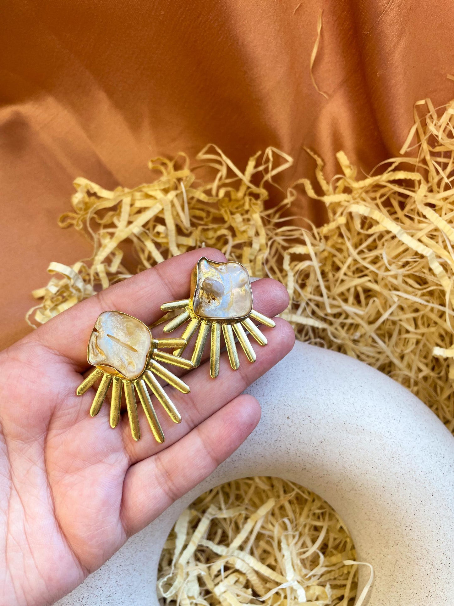 Spike Mother Of Pearl Matte Gold Brass Stud Earrings