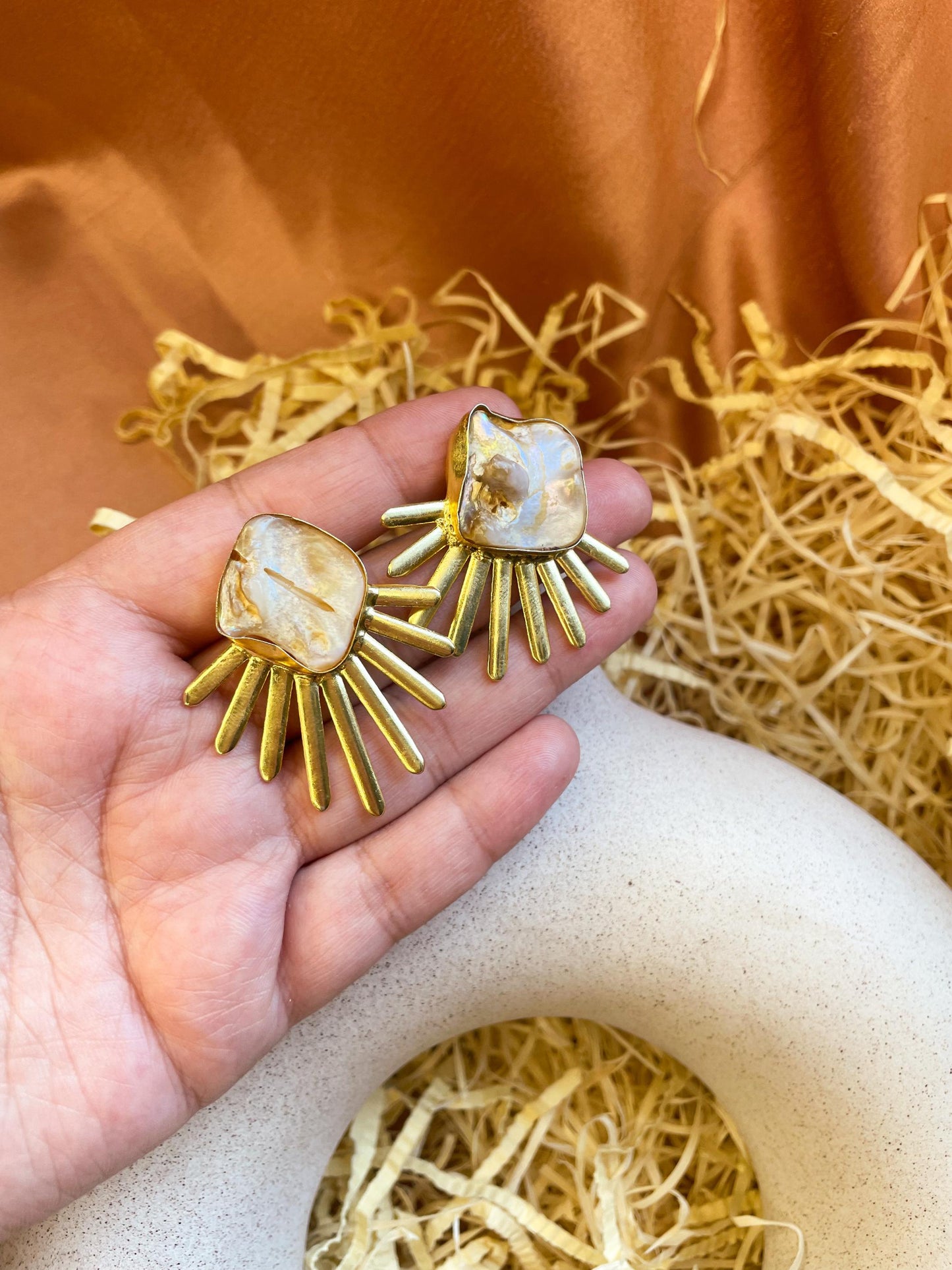 Spike Mother Of Pearl Matte Gold Brass Stud Earrings