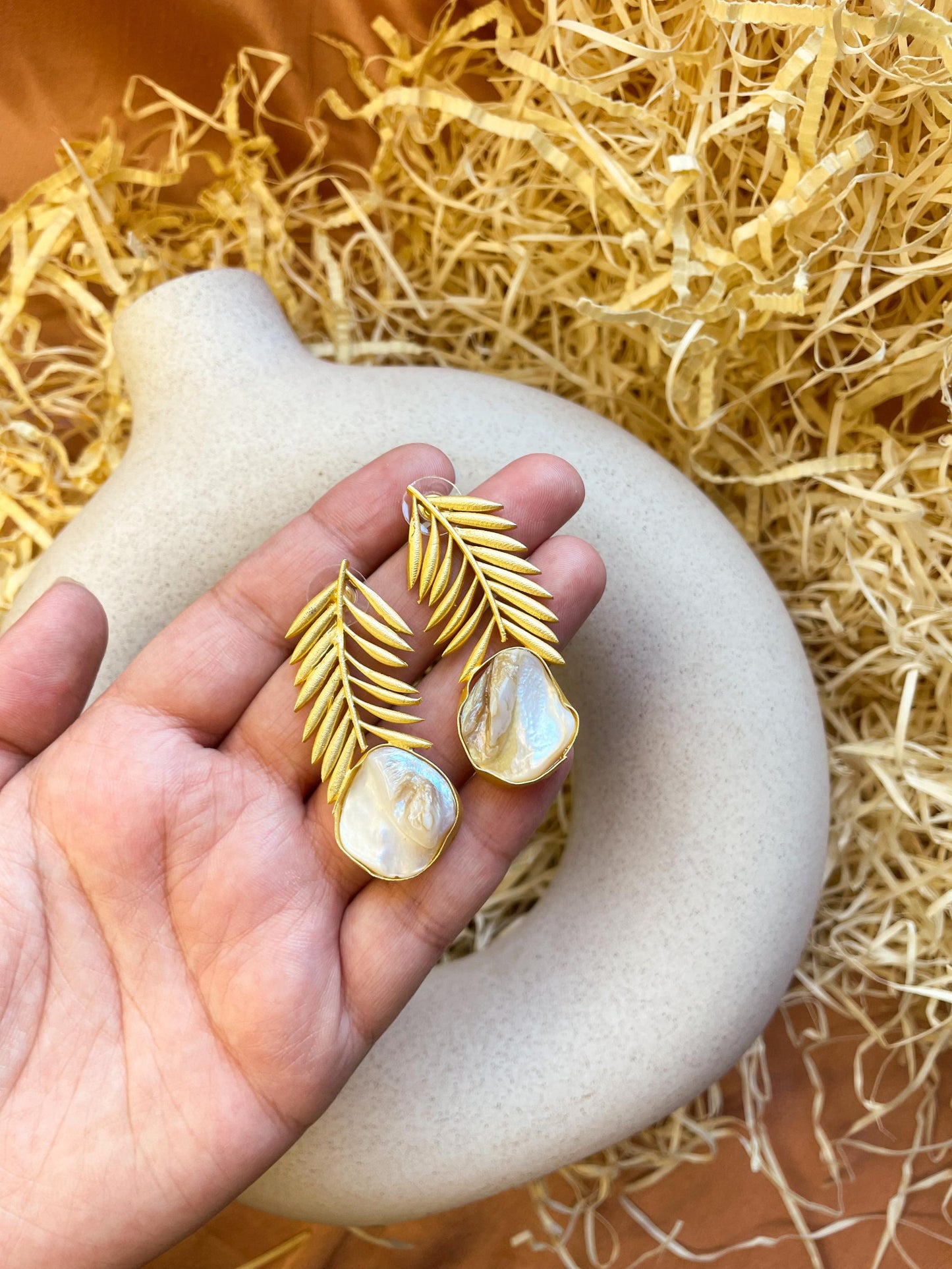 Tropical leaf Mother Of Pearl Matte Gold Brass Earrings