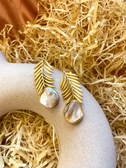 Tropical leaf Mother Of Pearl Matte Gold Brass Earrings