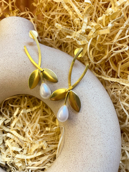 Drop of Pearl Matte Gold Brass Earrings