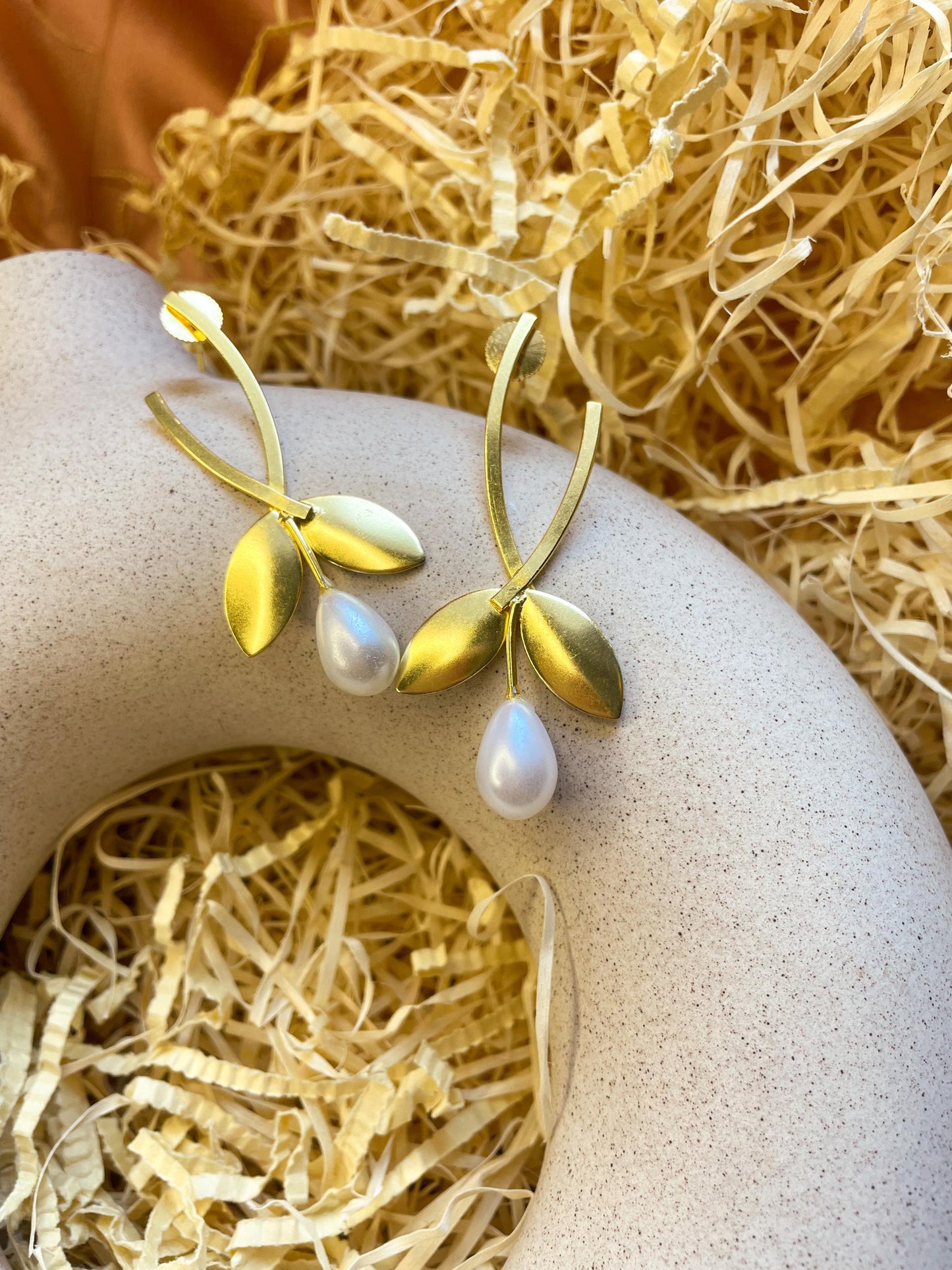 Drop of Pearl Matte Gold Brass Earrings
