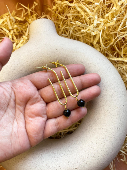 Geometric Black Pearl Dangler  Matte Gold Brass Earrings