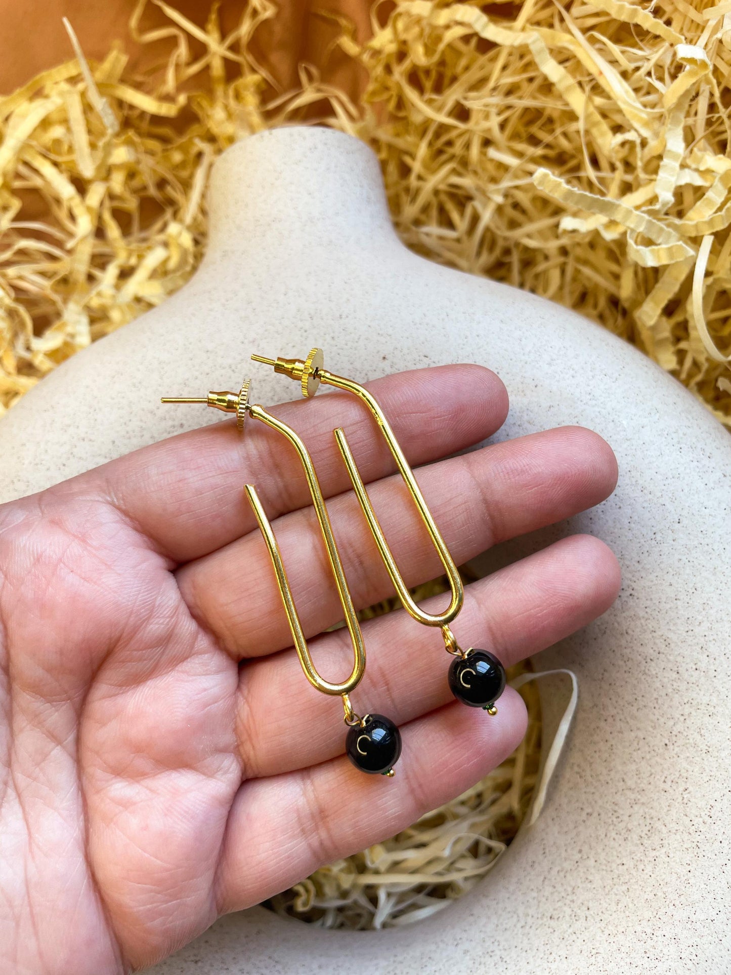 Geometric Black Pearl Dangler  Matte Gold Brass Earrings